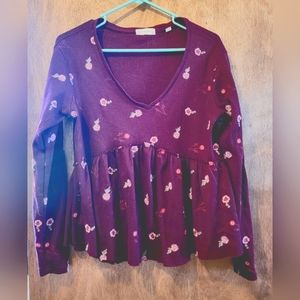 Altrd state thermal baby doll long sleeve embroidery flowers wine color size med